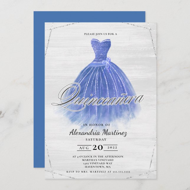 Invitación Purpurina de vestido de madera azul Quinceañera In (Anverso / Reverso)