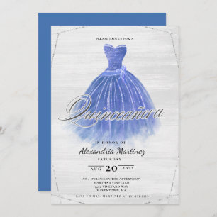 Invitación Purpurina de vestido de madera azul Quinceañera In