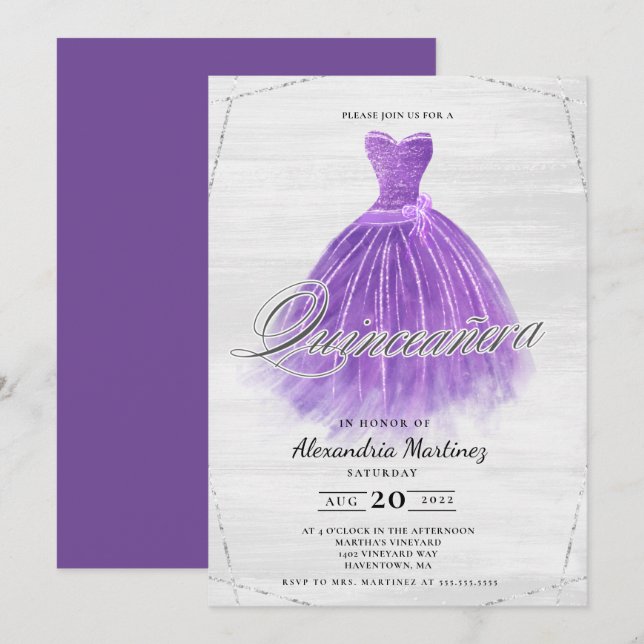 Invitación Purpurina de vestido de madera morada Quinceañera (Anverso / Reverso)