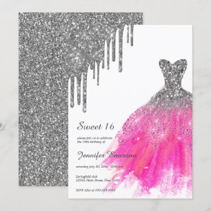 Invitación Purpurina de vestido rosa y plateado gotea dulces