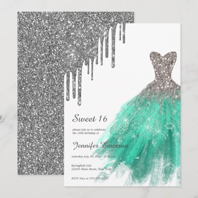 Invitación Purpurina de vestido verde plateado goteo Dieciséi (Anverso / Reverso)
