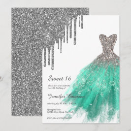 Invitación Purpurina de vestido verde plateado goteo Dieciséi