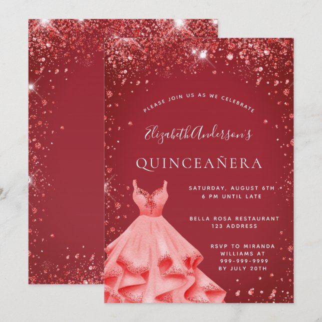 Invitación Purpurina de vestimenta roja de Quinceanera (Anverso / Reverso)