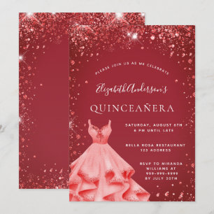 Invitación Purpurina de vestimenta roja de Quinceanera