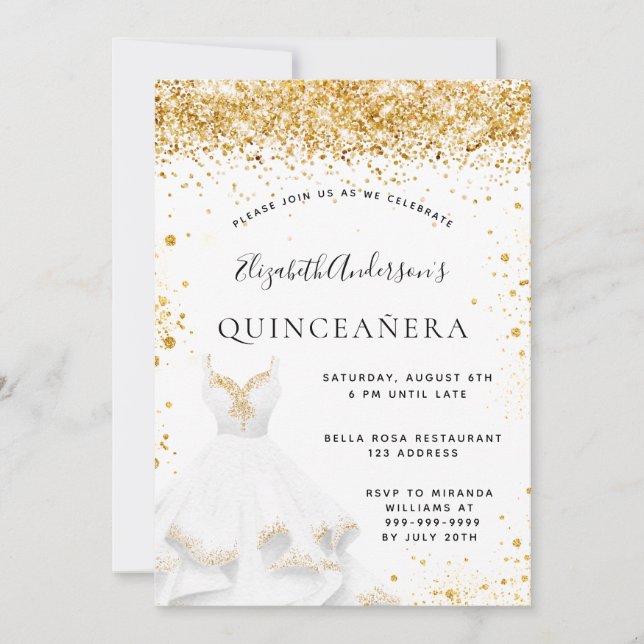 Invitación Purpurina de vestir de oro blanco Quinceanera (Anverso)