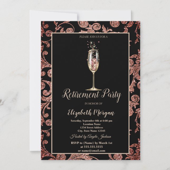 Invitación Purpurina de vidrio de Champagne Swirls Retirement (Anverso)
