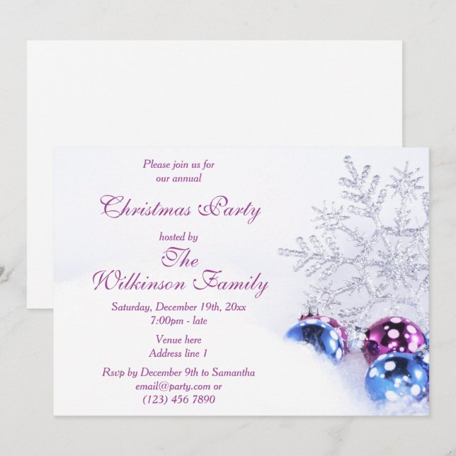 Invitación Purpurina decorativo Snowflake & Festibles Baubles (Anverso / Reverso)