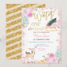 Invitación Purpurina Deer Pink Winter Onederland Cumpleaños 