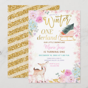 Invitación Purpurina Deer Pink Winter Onederland Cumpleaños