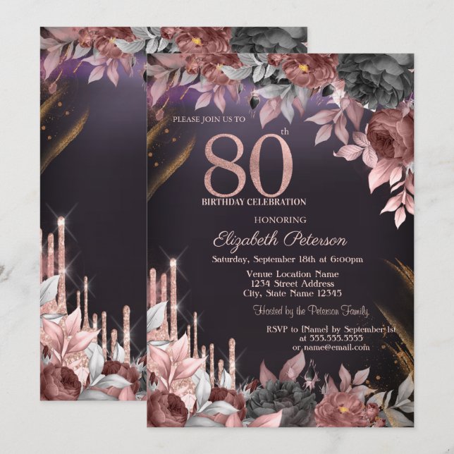Invitación Purpurina degrada Floral Oscuro Púrpura 80 cumplea (Anverso / Reverso)