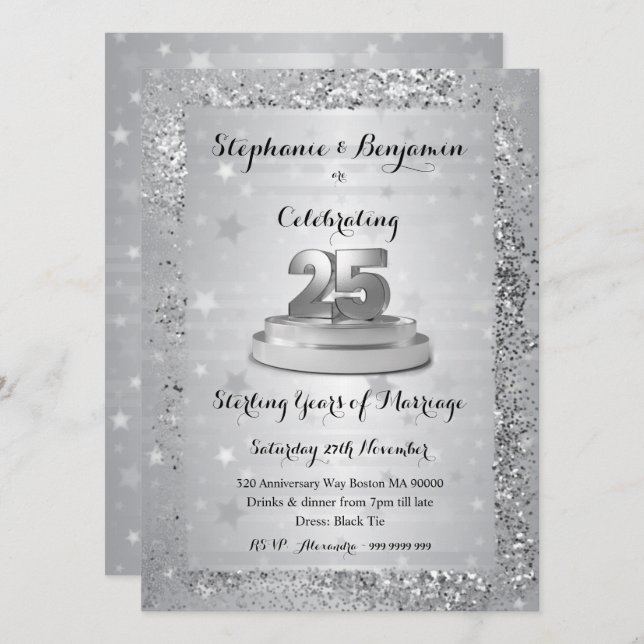 Invitación Purpurina del 25° Aniversario Boda de Plata Elegan (Anverso / Reverso)