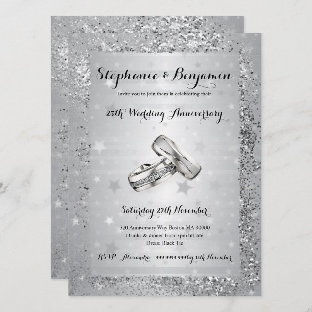 Invitación purpurina del 25° Aniversario del Boda de Plata El (Anverso / Reverso)