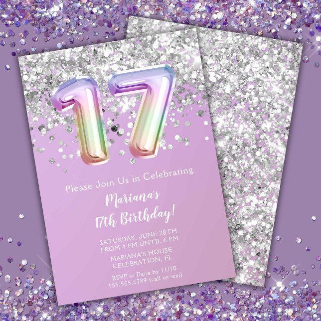 Invitación Purpurina del arcoiris Chica 17 cumpleaños (Subido por el creador)