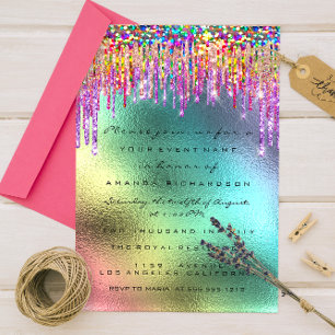 Invitación Purpurina del arcoiris Drip Bridal 16 de Unicornio