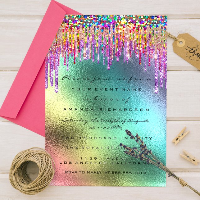 Invitación Purpurina del arcoiris Drip Bridal 16 de Unicornio (Rainbow Glitter Drip Bridal 16th Unicorn Invitation)