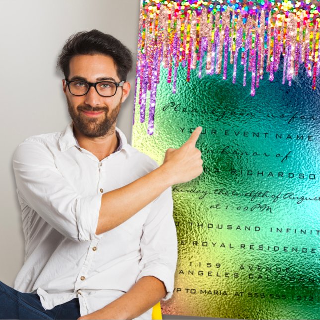 Invitación Purpurina del arcoiris Drip Nodal 16 sirena de uni (Rainbow Glitter Drip Bridal 16th Unicorn Mermaid Invitation)