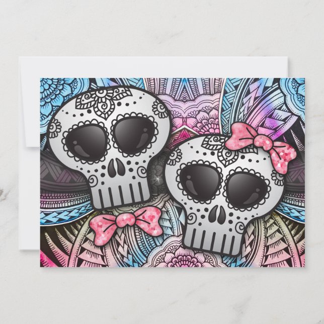 Invitación Purpurina del Boda de cráneo de azúcar rosa y azul (Reverso)