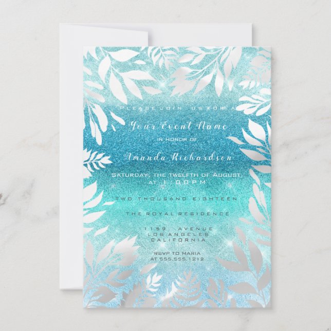 Invitación Purpurina del cielo azul Ombre Relieve metalizado  (Anverso)