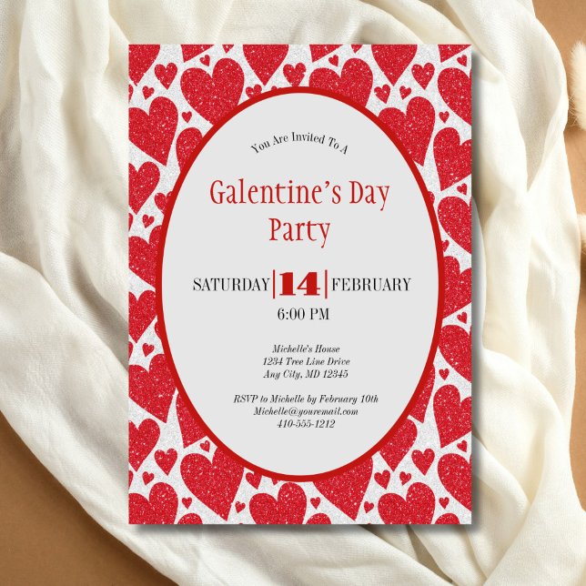 Invitación Purpurina del Corazón Rojo esparce Fiesta del Día  (Red Hearts Glitter Sparkle Galentine's Day Valentines Day Party invitation)