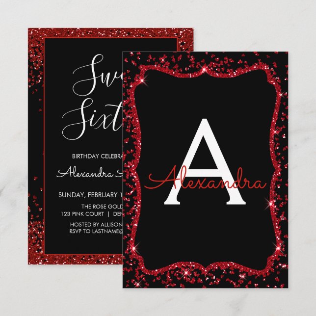 Invitación Purpurina del Corazón Rojo Sparkle Dulce Dieciséis (Anverso / Reverso)