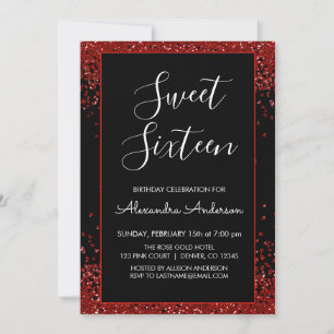 Invitación Purpurina del Corazón Rojo Sparkle Dulce Dieciséis