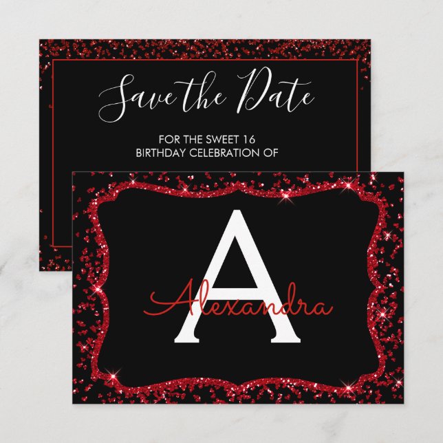 Invitación Purpurina del Corazón Rojo Sparkle Dulce Dieciséis (Anverso / Reverso)