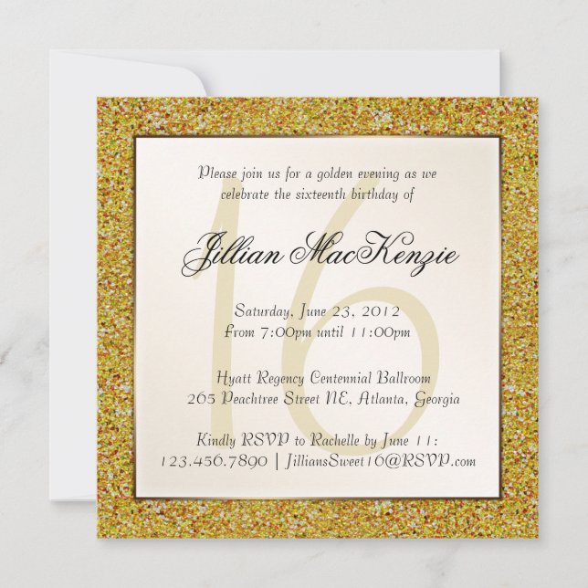 Invitación Purpurina del dulce 16 elegantes del oro el falso (Anverso)