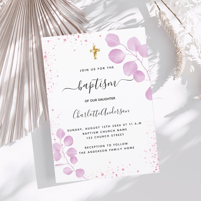 Invitación Purpurina del eucalipto rosa del bautismo (Subido por el creador)