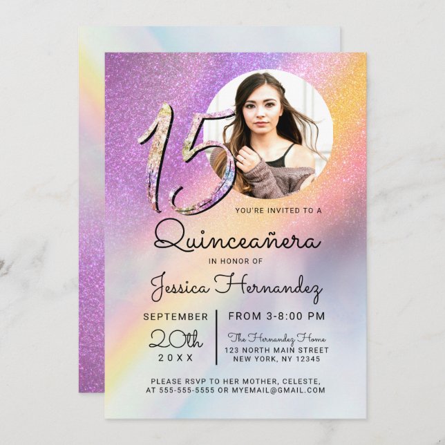 Invitación Purpurina del Holograma Arcoiris Ombre Foto Quince (Anverso / Reverso)
