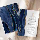 Invitación Purpurina del oro del Agate Azul Primera comunión<br><div class="desc">El borde izquierdo de esta elegante y moderna invitación a la primera comunión cuenta con un borde de batida de color azul con un falso purpurina de oro. Una falsa cruz de Relieve metalizado dorado aparece encima del texto del personalizable, que combina escritura a mano, copperplate y tipografías cursivas en...</div>