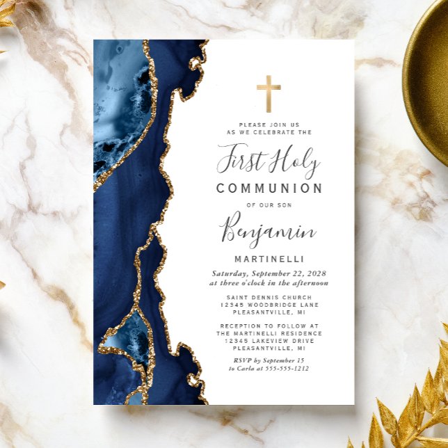 Invitación Purpurina del oro del Agate Azul Primera comunión  (Subido por el creador)