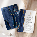 Invitación Purpurina del oro del Agate Azul Primera comunión<br><div class="desc">El borde izquierdo de esta elegante y moderna invitación a la primera comunión cuenta con un borde de batida de color azul con un falso purpurina de oro. Una falsa cruz de Relieve metalizado dorado aparece encima del texto del personalizable, que combina escritura a mano, copperplate y tipografías cursivas en...</div>