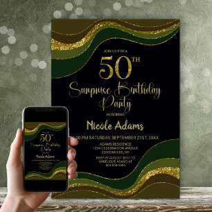 Invitación Purpurina del Oro Verde Negro Sorpresa 50 cumpleañ
