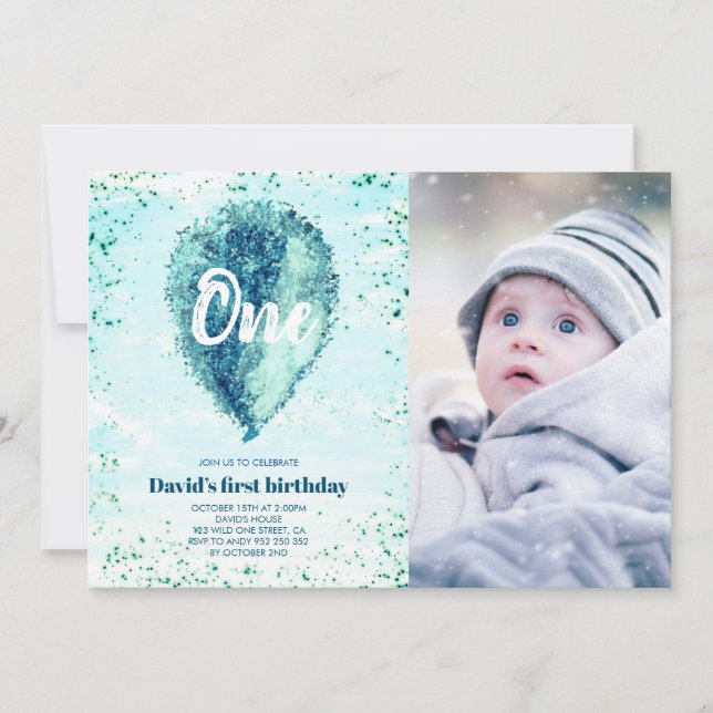 Invitación Purpurina del primer cumpleaños foto en globo azul (Anverso)