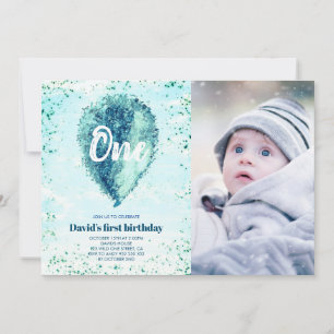 Invitación Purpurina del primer cumpleaños foto en globo azul
