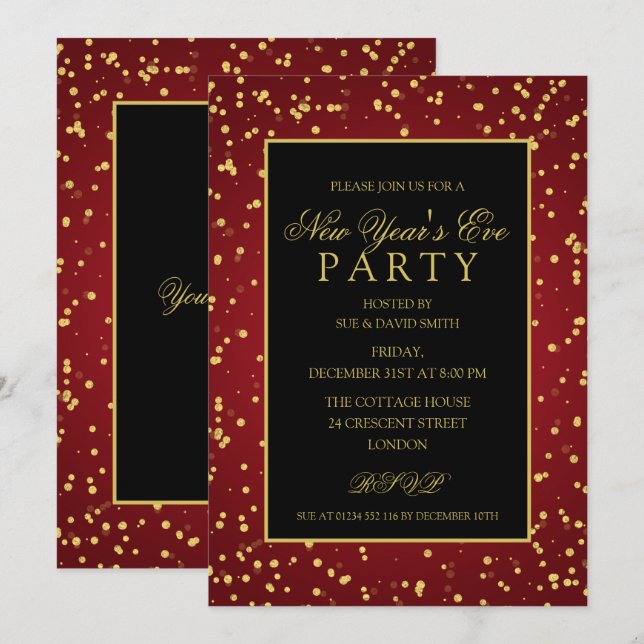 Invitación Purpurina del Relieve metalizado Rojo Oro se burla (Anverso / Reverso)