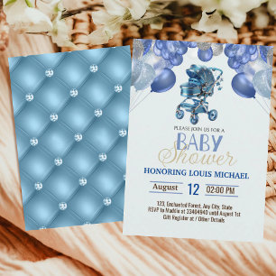 Invitación Purpurina del Stroller Blue Silver Baby Shower