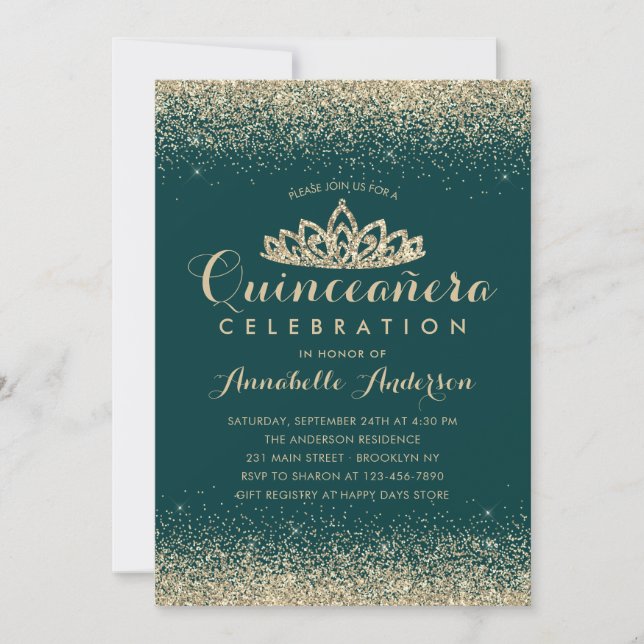 Invitación Purpurina del Tiara de Oro Glam Emerald Green Quin (Anverso)
