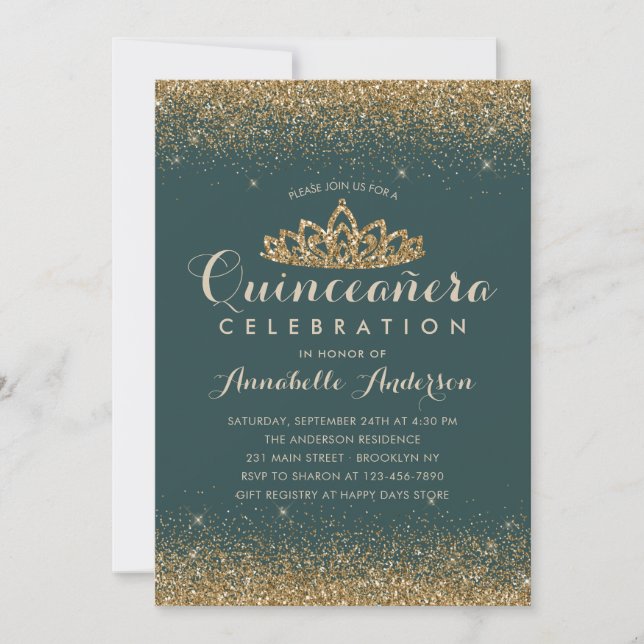 Invitación Purpurina del Tiara de Oro Glam Emerald Green Quin (Anverso)