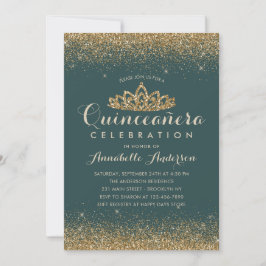 Invitación Purpurina del Tiara de Oro Glam Emerald Green Quin