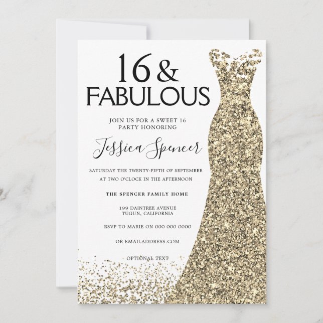 Invitación Purpurina del vestido de oro Dulce 16 Fiesta 16º c (Anverso)