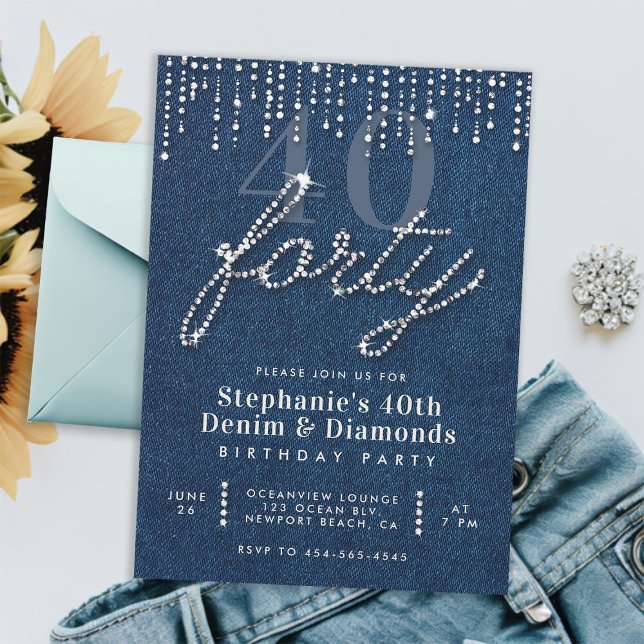 Invitación Purpurina Denim Diamonds Drips 40 Fiesta de cumple (denim diamonds 40th birthday for women invitation glitter drips classy rhinestones calligraphy chic)