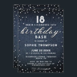 Invitación Purpurina Denim Diamonds Elegant 18th Birthday Par<br><div class="desc">Un sencillo, moderno, elegante y moda plantilla de invitación para fiestas de 21 años con fondo de denim, la palabra BIRTHDAY cubierta con diamantes blancos (diamantes simulados, no reales) y en escritura moderna de caligrafía, y tipografía en blanco. Un diseño de moda "denim and diamante" para una mujer en su...</div>