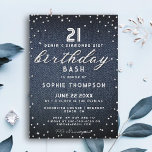 Invitación Purpurina Denim Diamonds Elegant 21st Birthday Fie<br><div class="desc">Un sencillo, moderno, elegante y moda plantilla de invitación para fiestas de 21 años con fondo de denim, la palabra BIRTHDAY cubierta con diamantes blancos (diamantes simulados, no reales) y en escritura moderna de caligrafía, y tipografía en blanco. Un diseño de moda "denim and diamante" para una mujer en su...</div>