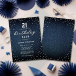 Invitación Purpurina Denim Diamonds Elegant 21st Birthday Fie<br><div class="desc">Un sencillo, moderno, elegante y de moda plantilla de invitación a la fiesta de cumpleaños con un fondo de denim azul, la palabra BIRTHDAY cubierta con diamantes blancos (diamantes simulados, no reales) y en escritura moderna de caligrafía, y tipografía en blanco. ¡Un diseño de moda "denim and diamante" para una...</div>