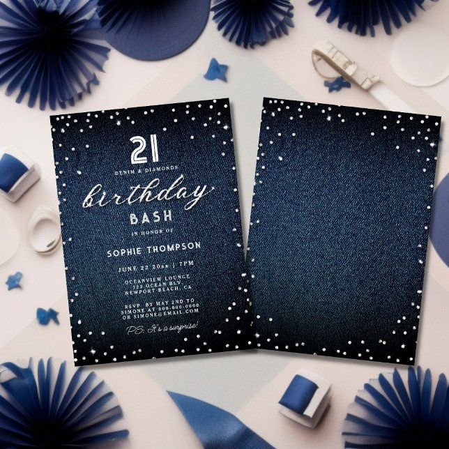 Invitación Purpurina Denim Diamonds Elegant 21st Birthday Fie (Subido por el creador)