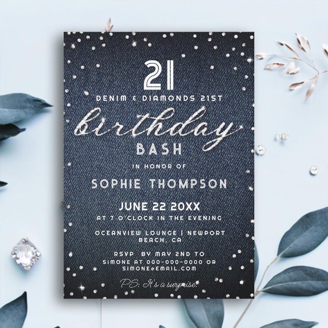 Invitación Purpurina Denim Diamonds Elegant 21st Birthday Fie (denim diamonds 21st birthday party invitation modern elegant chic classy simple typography glam)