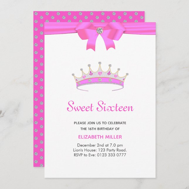 Invitación Purpurina Diamond Tiara Sweet Dieciséis (Anverso / Reverso)