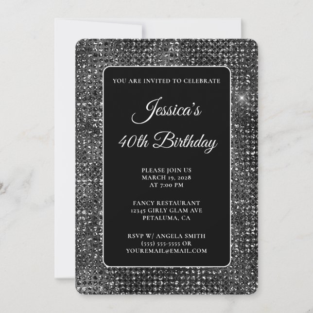 Invitación Purpurina discoteca negra y blanca 40 cumpleaños (Anverso)