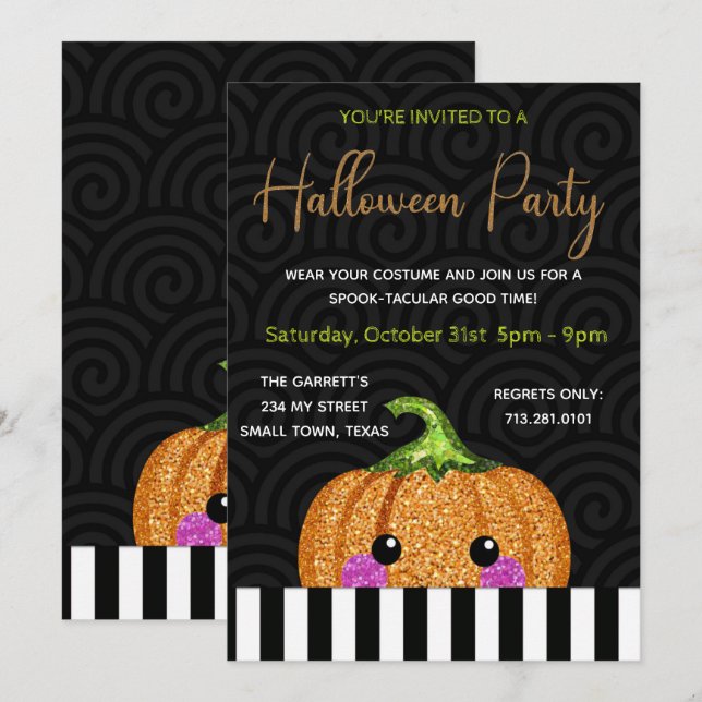 Invitación Purpurina divertido calabaza negra Naranja Hallowe (Anverso / Reverso)